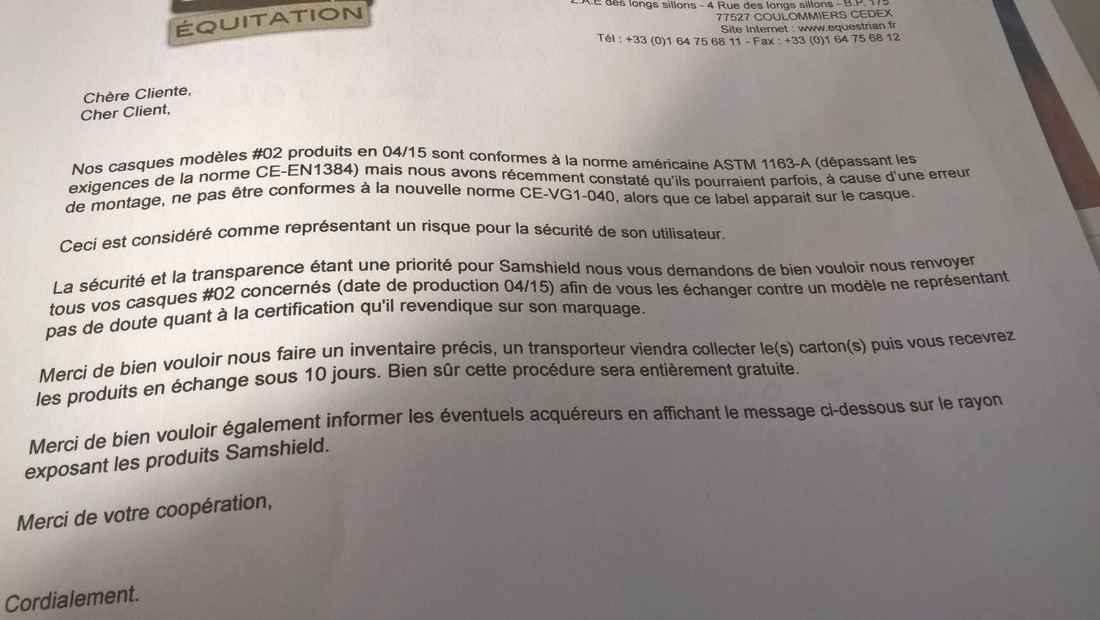 samshield recall helmets france
